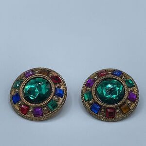 Vintage Jewel Tone Gold Clip ON Earrings Holiday Mogul 80's